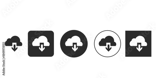 Monochromatic cloud download icons for web interface design | Black and white vector collection of data storage and sync symbols | Modern UI/UX glyphs for downloading files from the cloud 