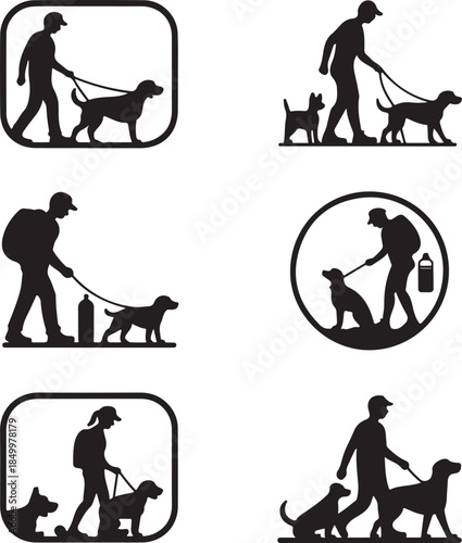 Dog Walking Silhouette Icon Set