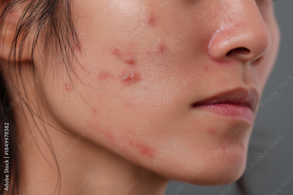 Obraz premium Extreme Close-up of Young Asian Woman's Face with Severe Acne, Redness, and Sensitive Skin Texture, Dermatological Problem Concept