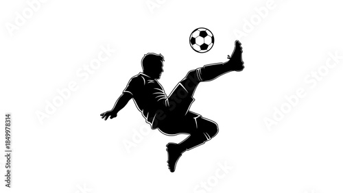 Dynamic silhouette of a football player performing an acrobatic kick with a soccer ball, isolated white background.