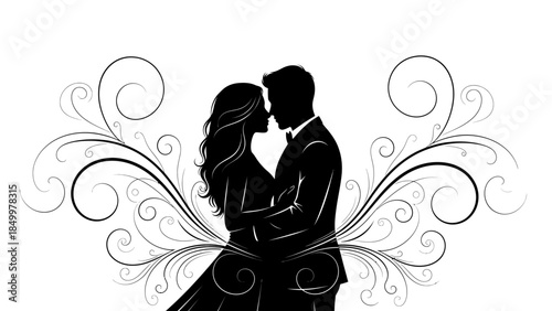 Elegant silhouette of a bride and groom embracing with decorative floral swirls, celebrating their wedding.