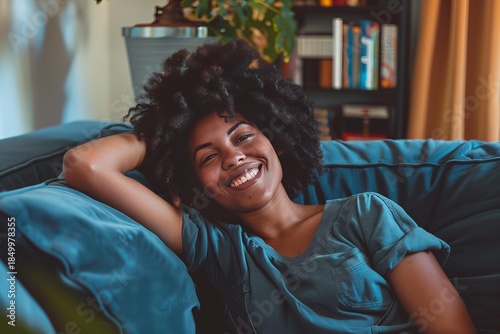 Serene young woman enjoying a relaxing moment on her comfortable sofa, embracing the tranquility of her home