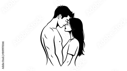 Romantic couple embracing and sharing a tender kiss, expressing love and intimacy on an isolated white background.