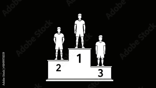 Three male athletes standing on a championship winners podium, celebrating success on a solid black background.