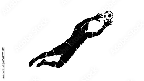 Dynamic soccer goalkeeper diving to catch a ball, in a powerful action pose on an isolated white background.