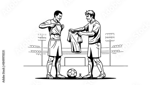 Two male soccer players exchanging jerseys on a field with stadium background, showing sportsmanship