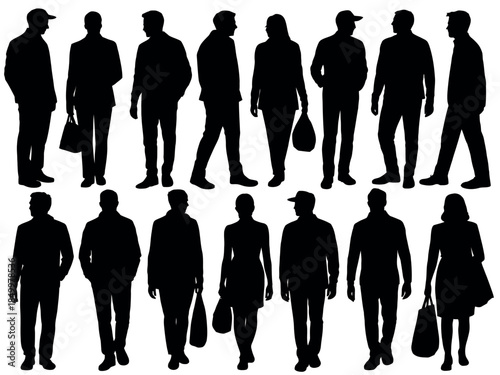 Silhouettes of people walking, various poses and outfits, black figures on white