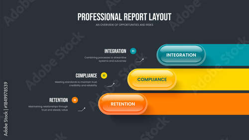 Creative Campaign Three Step Diagram Presentation Layout. Service Analysis 3 Option Infographic Frame Design. Modern Insight Slide Template Vector Illustration.