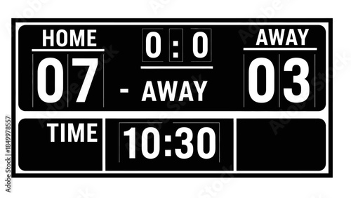 Digital soccer scoreboard displaying game score and time in black and white on isolated white background