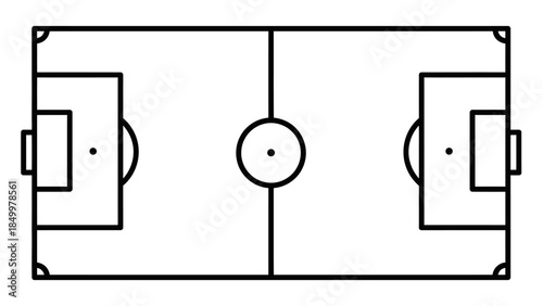 Overhead view of a soccer field layout in black and white line art on isolated white background