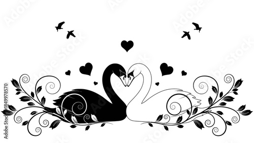 Black and white swans forming a heart with floral vines and flying hearts on isolated white background
