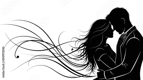 Silhouette of a romantic couple embracing with swirling abstract lines
