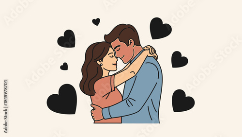 Loving couple embracing with hearts on light beige background