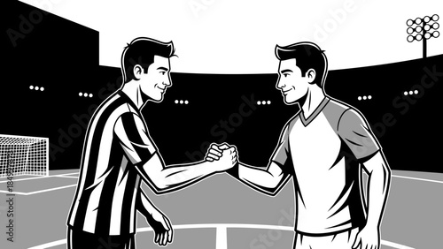Two friendly soccer players shaking hands on a stadium field, showing sportsmanship