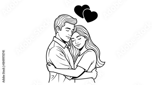 Loving Couple Embracing with Hearts Above, Showing Affection and Romance, isolated white background