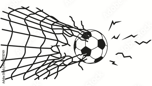 Dramatic Soccer Ball Breaking Through Goal Net with Explosive Force, isolated white background