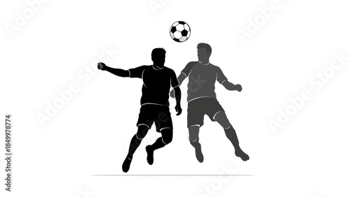 Two Dynamic Male Football Players Heading the Ball in a Competitive Match, isolated white background