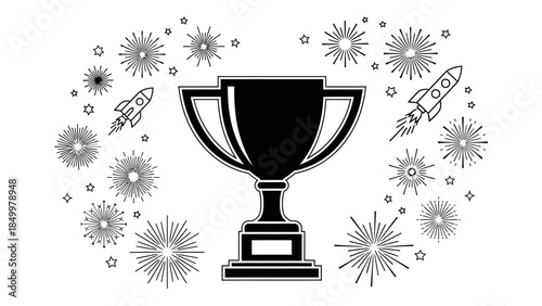 A shiny gold trophy cup award icon with a red ribbon signifies a first place victory and achievement for the best champion in a sport competition success