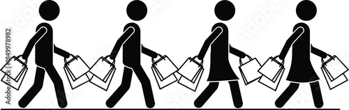 Stick figure shoppers walking with shopping bags, retail consumer concept silhouette people mall purchase icons modern flat design isolated on white background commerce illustration