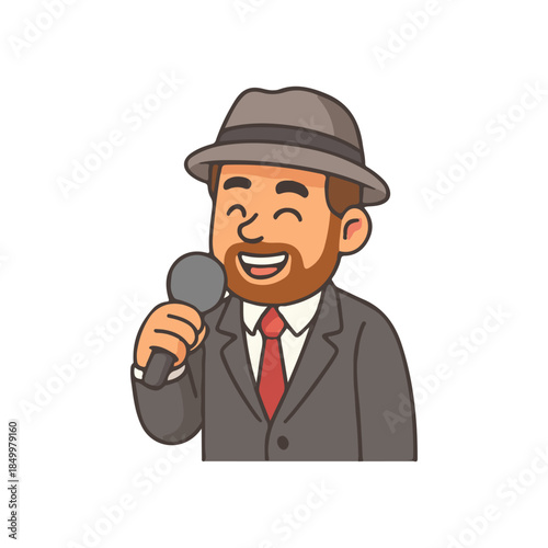 News reporter holding microphone. Journalist speaking on mic. Retro announcer smiling
