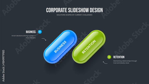 Corporate Profile Two Option Diagram Presentation Template. Financial Forecast Slide Design Vector Illustration. Advertising Visualization 2 Element Infographic Slideshow Layout.