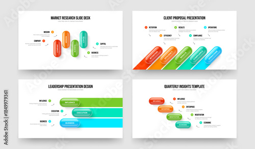 Modern Performance Four Five Three Element Infographic Presentation Template Vector Illustration Collection. Sales Showcase 4 5 3 Step Diagram Slide Design Set.