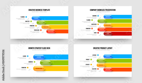 Marketing Growth 4 5 3 Step Infographic Slideshow Layout Bundle. Modern Overview Four Five Three Element Diagram Frame Template Vector Illustration Collection.
