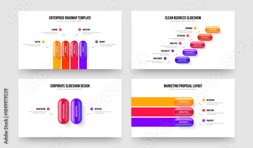 Digital Review Four Five Two Three Option Diagram Slide Template Vector Illustration Bundle. Visual Growth 4 5 2 3 Element Infographic Slideshow Design Set.