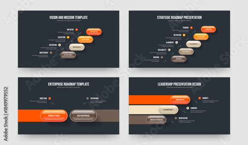 Visual Profile 4 5 2 3 Element Infographic Slide Design Bundle. Company Innovation Four Five Two Three Step Diagram Slideshow Template Vector Illustration Collection.