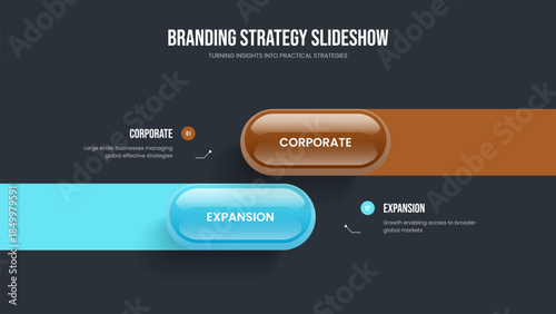 Professional Visualization 2 Step Diagram Frame Template. Visual Development Slideshow Design Vector Illustration. Marketing Campaign Two Option Infographic Slide Layout.
