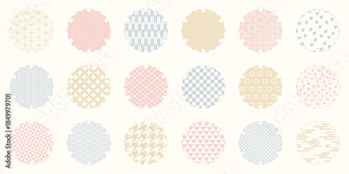 カラフルな雪の形のフレームと日本の伝統的なシームレスパターンのセット