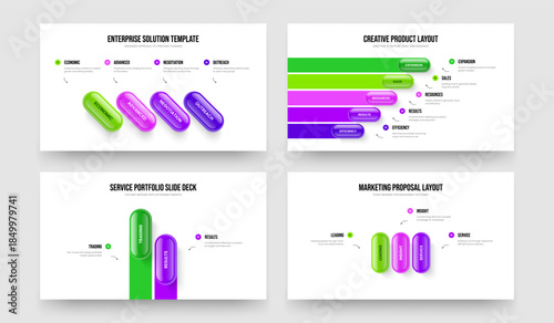 Business Launch Four Five Two Three Option Diagram Slideshow Layout Vector Illustration Bundle. Financial Overview 4 5 2 3 Step Infographic Slide Design Set.