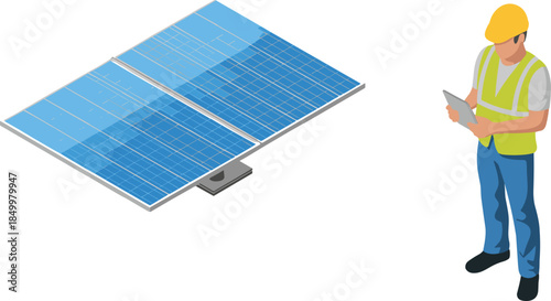 Isometric solar panel installation with engineer using tablet, renewable energy technology, clean power monitoring illustration isolated