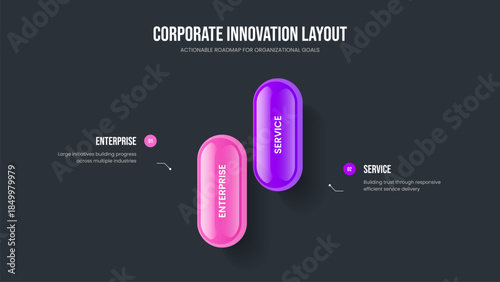 Corporate Overview 2 Step Diagram Slide Layout. Professional Planning Two Option Infographic Presentation Design. Modern Portfolio Frame Template Vector Illustration.