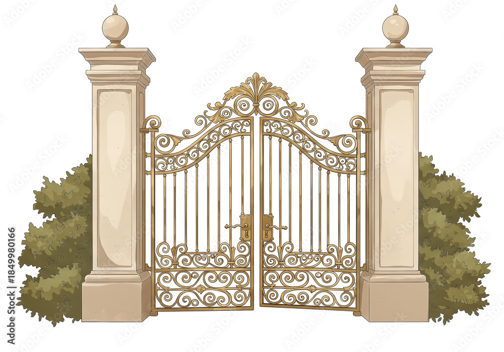 Fototapeta premium Ornate Metal Gate with Pillars Entrance.