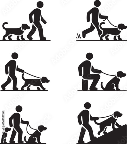 Dog Walking Silhouette Icon Set
