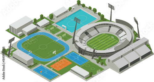 Isometric sports complex with stadium, swimming pool, football fields, running track, basketball courts and athletic facilities illustration