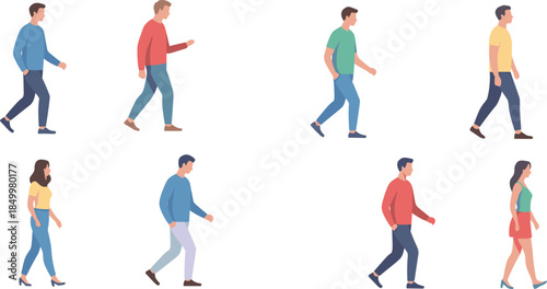 People walking side view set with men and women characters, everyday movement poses, minimalist flat illustration isolated