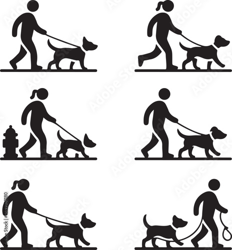 Dog Walking Silhouette Icon Set
