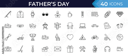 Father’s Day line editable icon set, showing dad lifestyle, gifts, hobbies, family moments and celebration elements. Clean outline vector icons for holiday design.