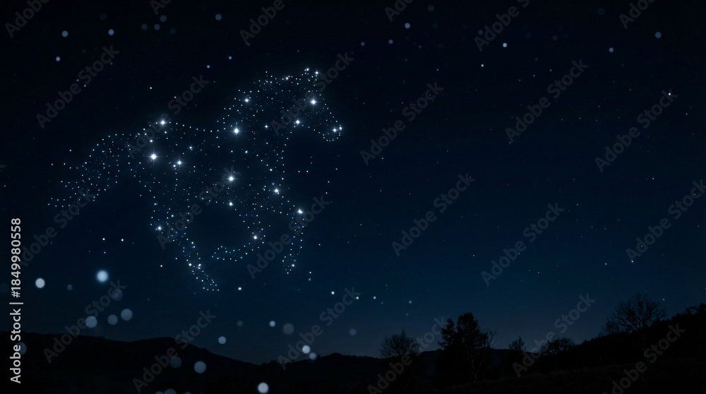 Naklejka premium 夜空に輝く星で描かれた走る馬の星座と地上の風景シルエット、天と地を結ぶ壮大な夜景