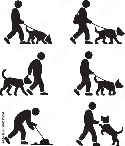 Dog Walking Silhouette Icon Set