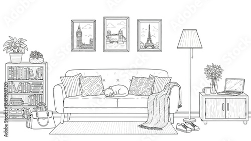 A cozy living room scene featuring a sleeping cat on a sofa, a bookshelf filled with books, a side table with a laptop and lamp, and framed artwork depicting famous landmarks.