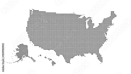 A stylized map of the United States of America is rendered entirely from a grid of small, dark dots against a white background, with Alaska and Hawaii positioned to the southwest.