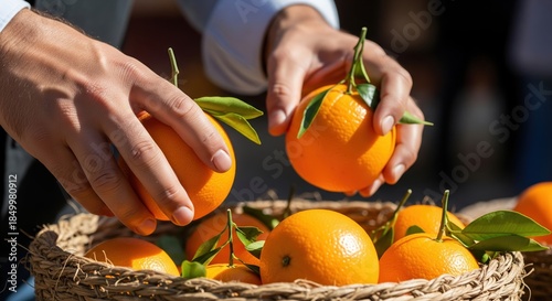 Hands Selecting Fresh Oranges from a Rustic Basket in Bright Natural Lighting