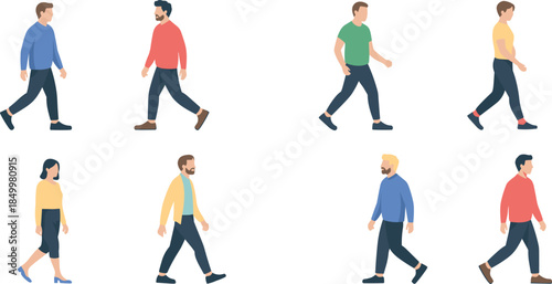 People walking side view set with men and women characters, everyday movement poses, minimalist flat illustration isolated