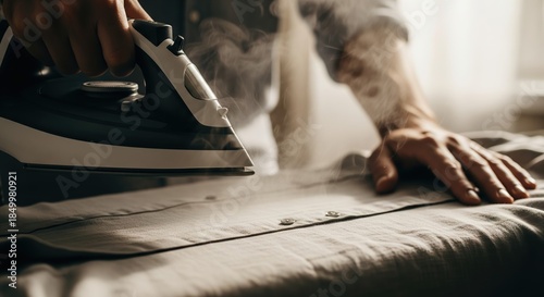 Man Using Iron on Shirt with Steam in a Cozy Home Environment