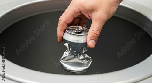 Hand Recycling Crushed Aluminum Can in Modern Waste Bin for Eco-friendly Practices
