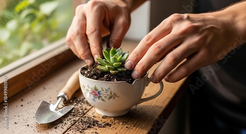 Hands Planting Succulent in Teacup on Wooden Surface with Garden Tool and Soil Mess