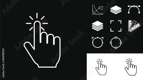 A white line art icon of a hand with a pointed index finger is shown on a black background, symbolizing a click or selection.